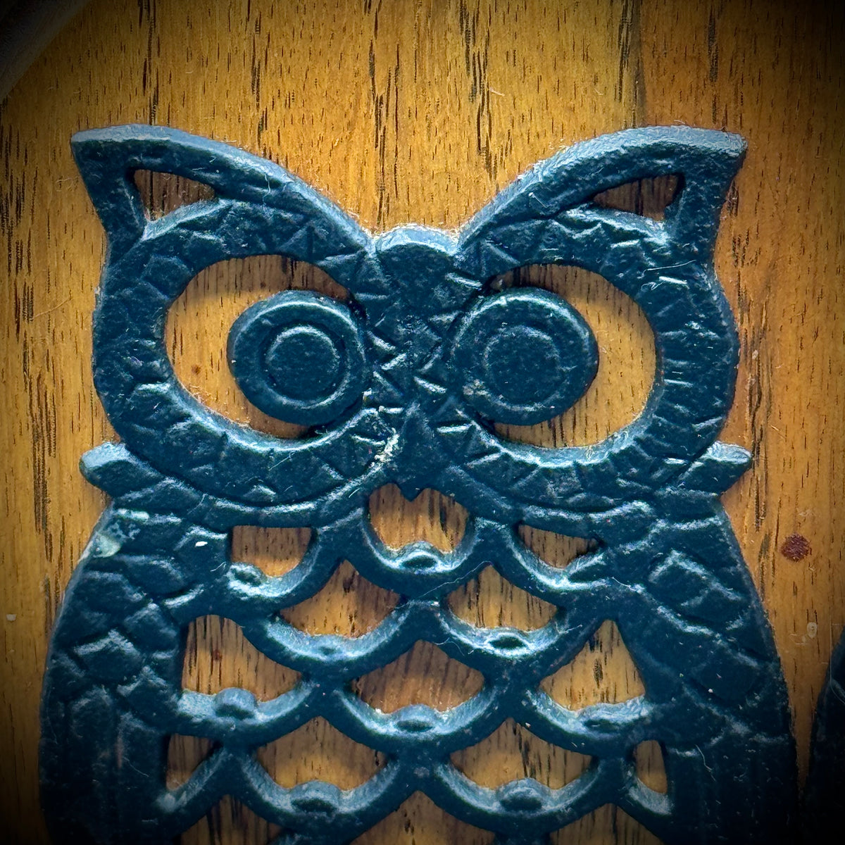 1970s Heavy Oak & Cast Iron Owl Motif Holder