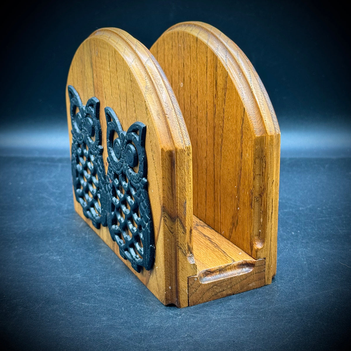 1970s Heavy Oak & Cast Iron Owl Motif Holder