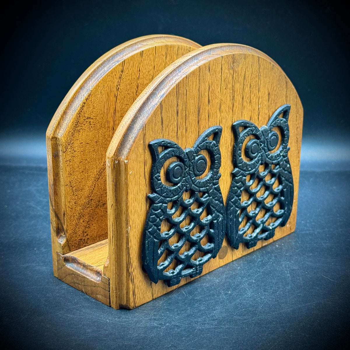 1970s Heavy Oak & Cast Iron Owl Motif Holder