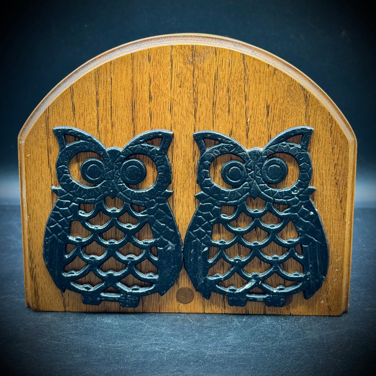 1970s Heavy Oak & Cast Iron Owl Motif Holder