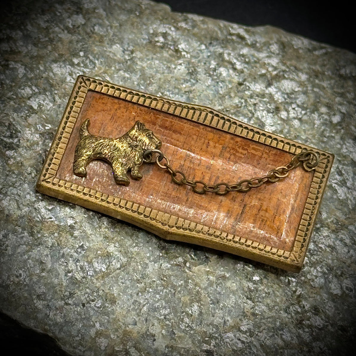 Vintage Wood & Brass Scottie Dog Brooch with Chain Accent