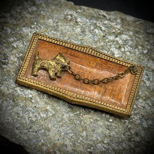 Vintage Wood & Brass Scottie Dog Brooch with Chain Accent