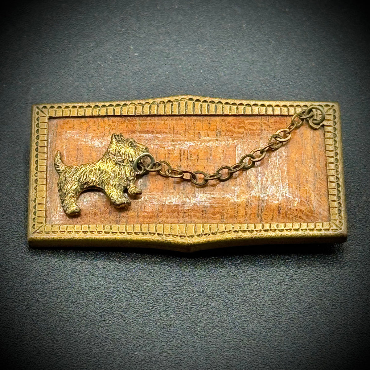 Vintage Wood & Brass Scottie Dog Brooch with Chain Accent