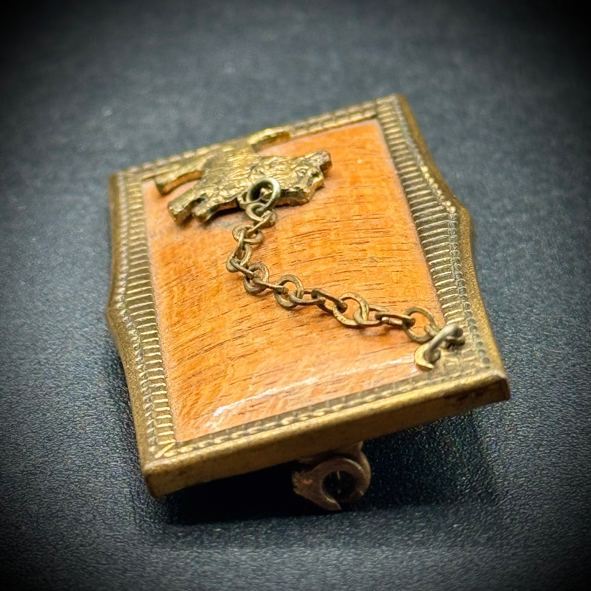 Vintage Wood & Brass Scottie Dog Brooch with Chain Accent
