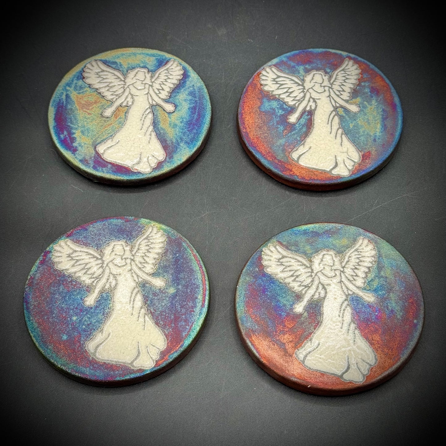 Artist Jeremy Diller Signed Set of 4 Raku Angel Coasters