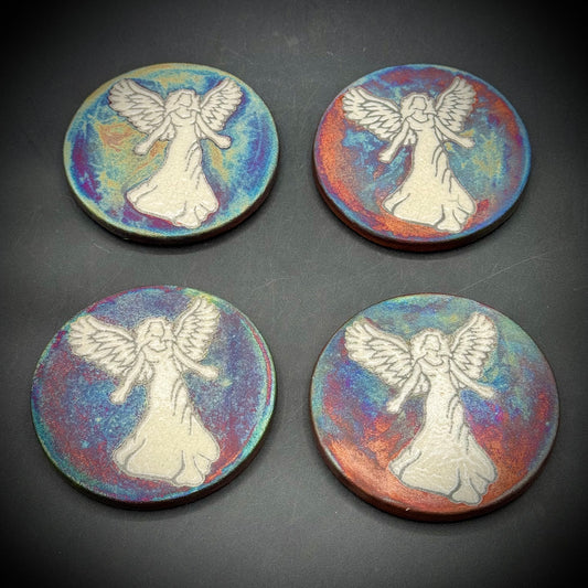 Artist Jeremy Diller Signed Set of 4 Raku Angel Coasters