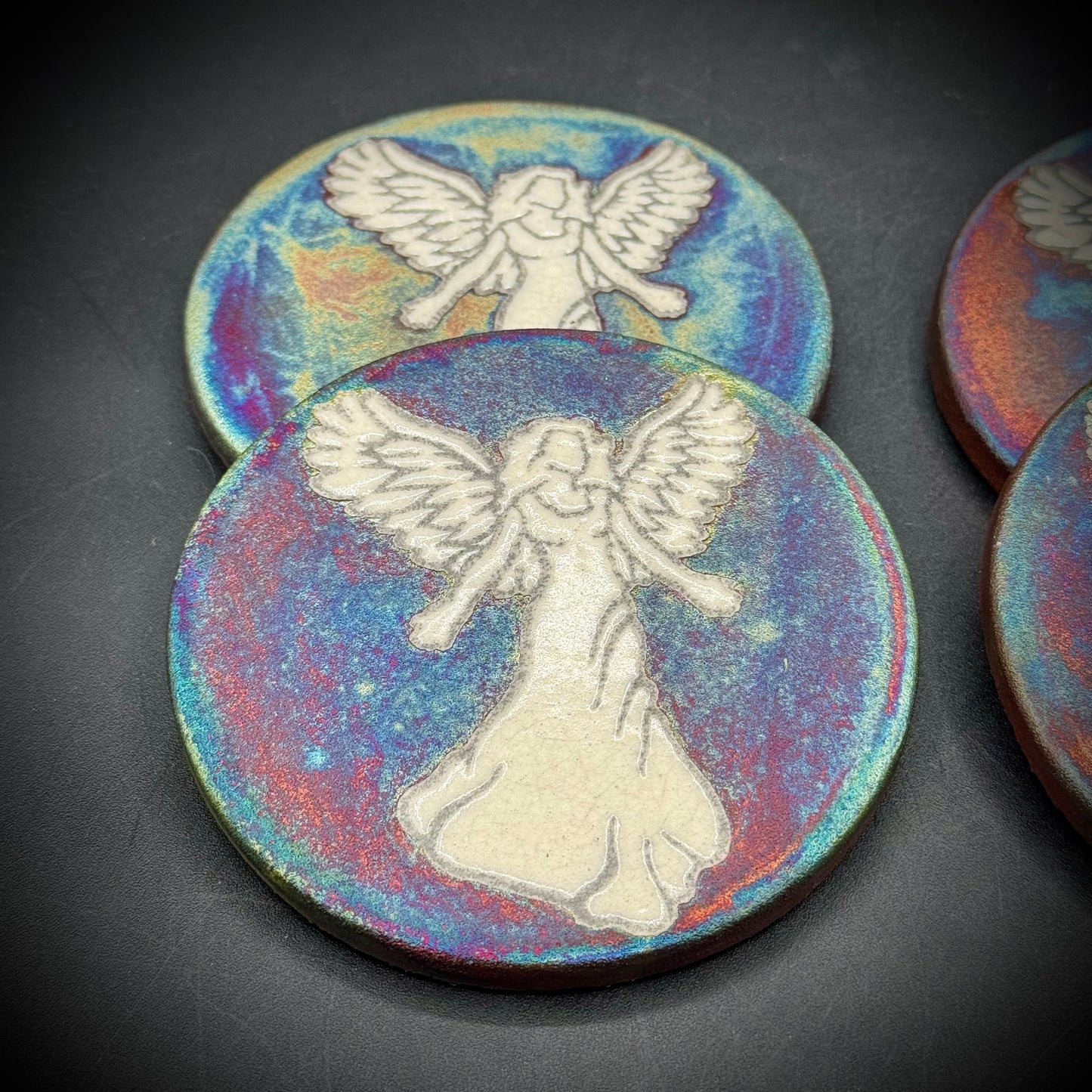 Artist Jeremy Diller Signed Set of 4 Raku Angel Coasters