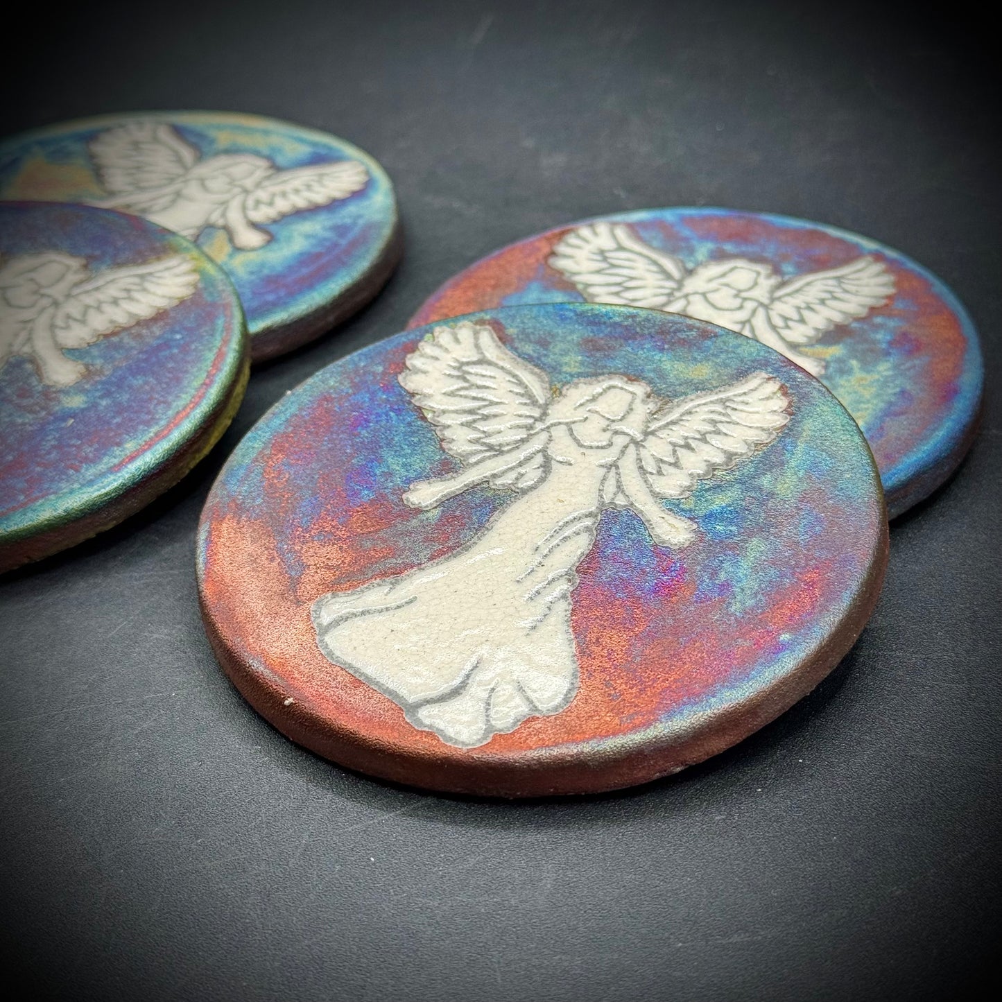 Artist Jeremy Diller Signed Set of 4 Raku Angel Coasters