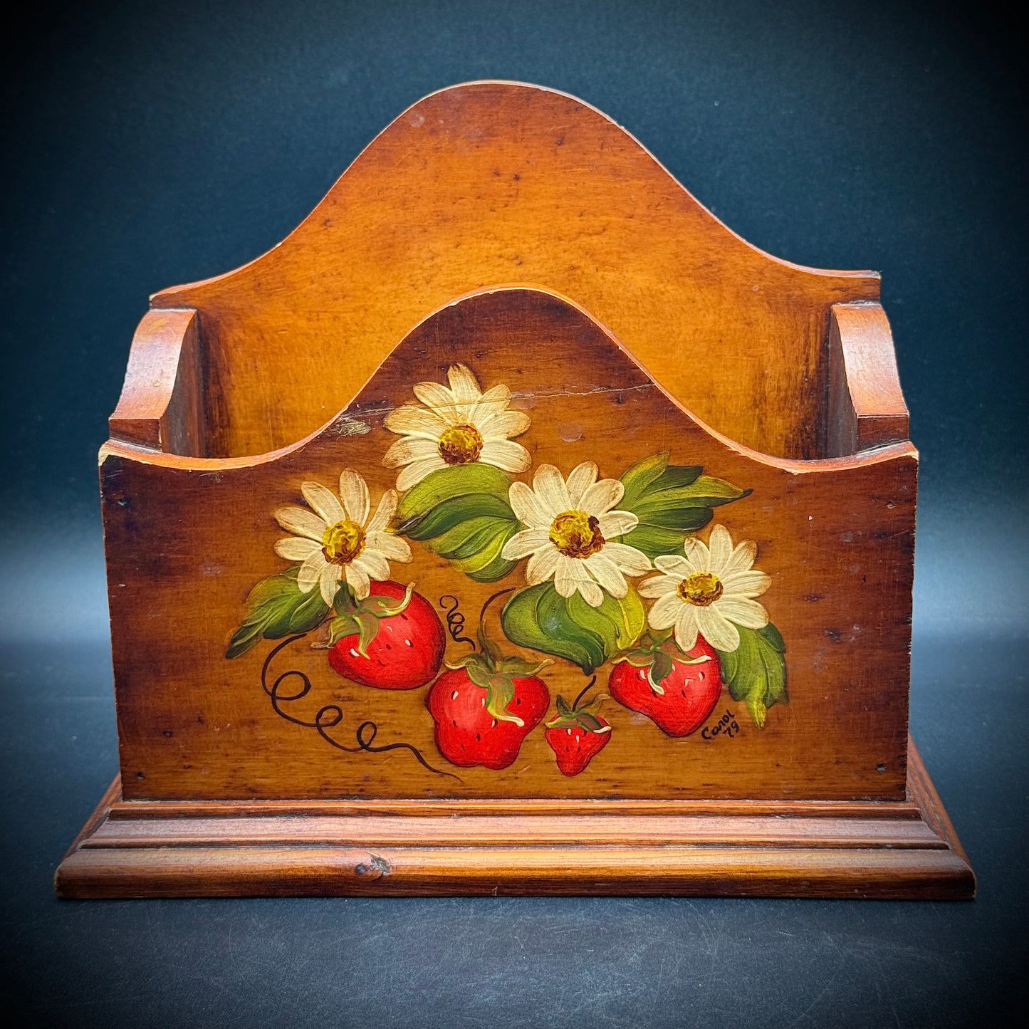 Vintage Painted Wood Strawberry Motif Letter Holder