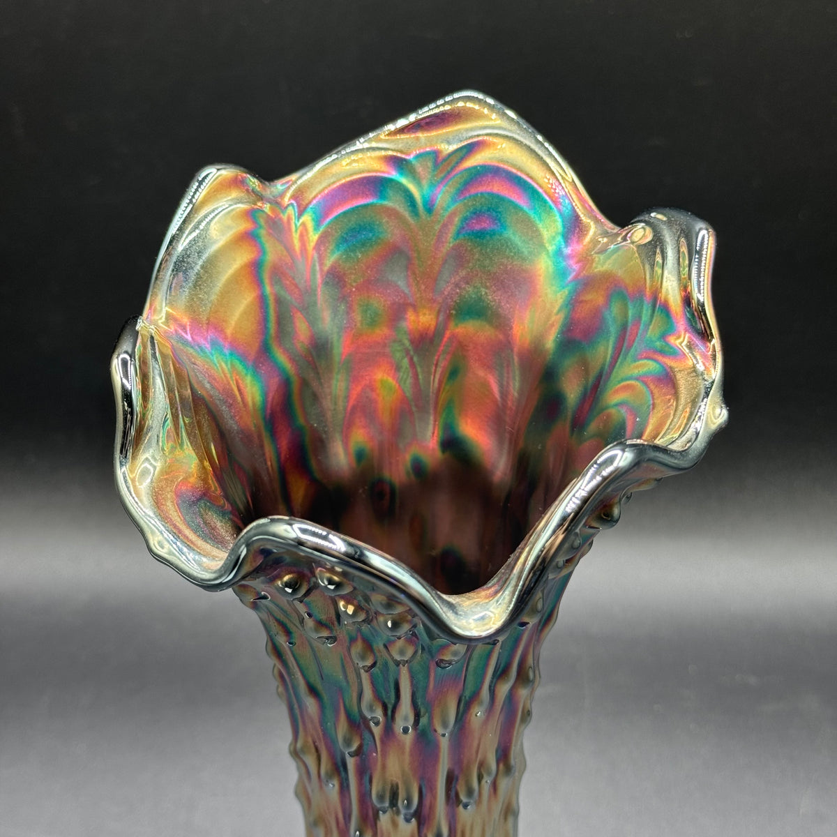 Vintage Fenton Oil Slick Carnival Glass Tree Trunk Swung Vase