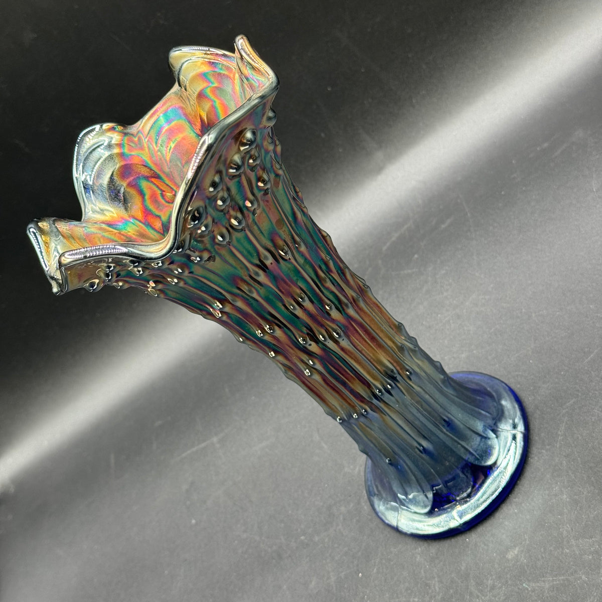 Vintage Fenton Oil Slick Carnival Glass Tree Trunk Swung Vase