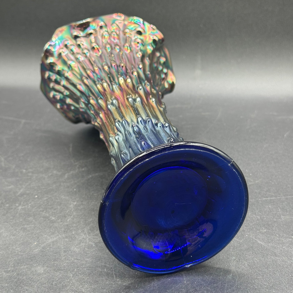 Vintage Fenton Oil Slick Carnival Glass Tree Trunk Swung Vase
