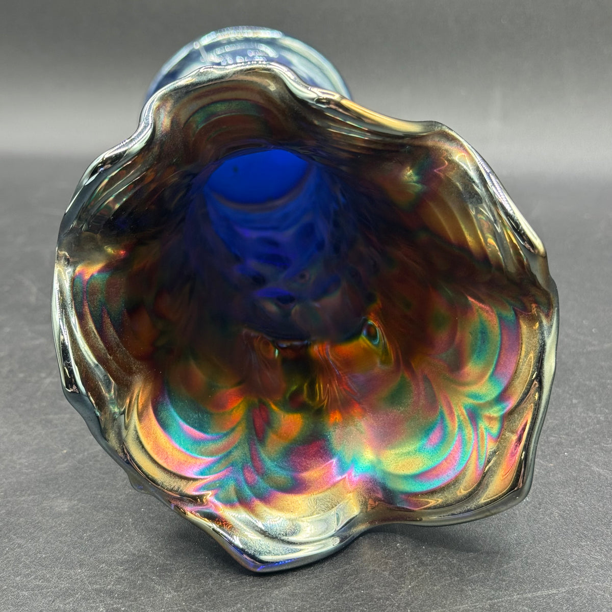 Vintage Fenton Oil Slick Carnival Glass Tree Trunk Swung Vase