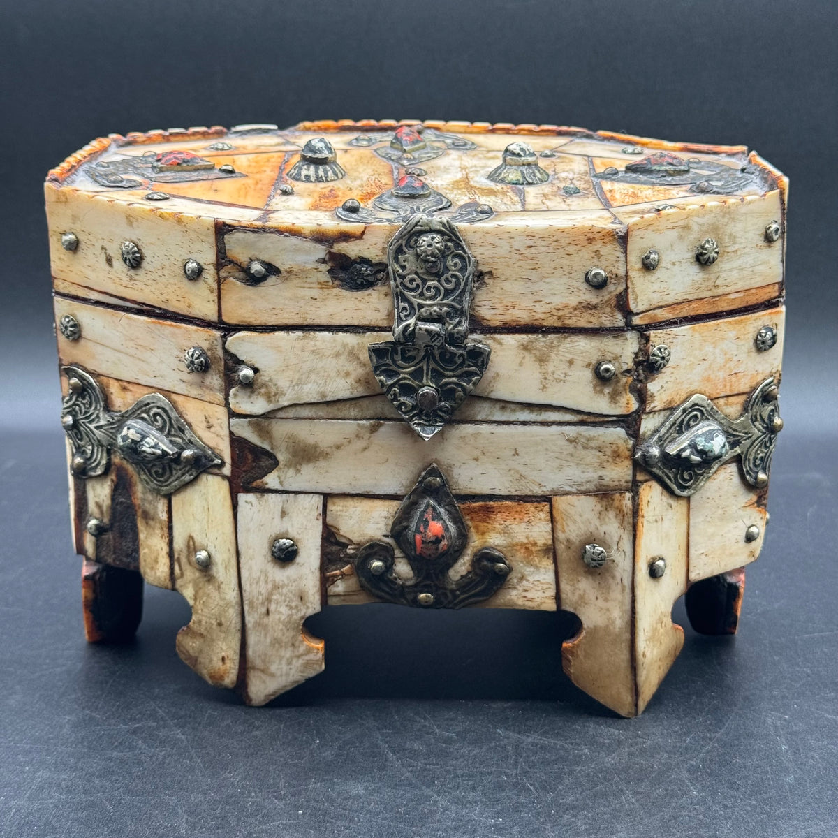 Antique Carved Bone, Metal & Set w/Natural Stones Lidded Box