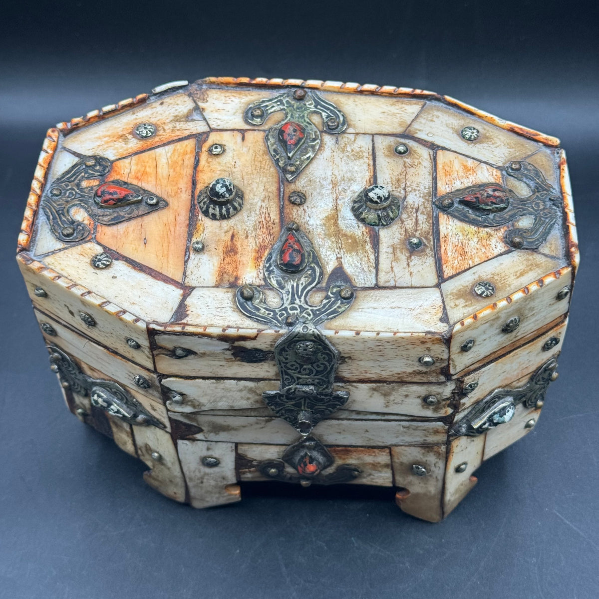 Antique Carved Bone, Metal & Set w/Natural Stones Lidded Box