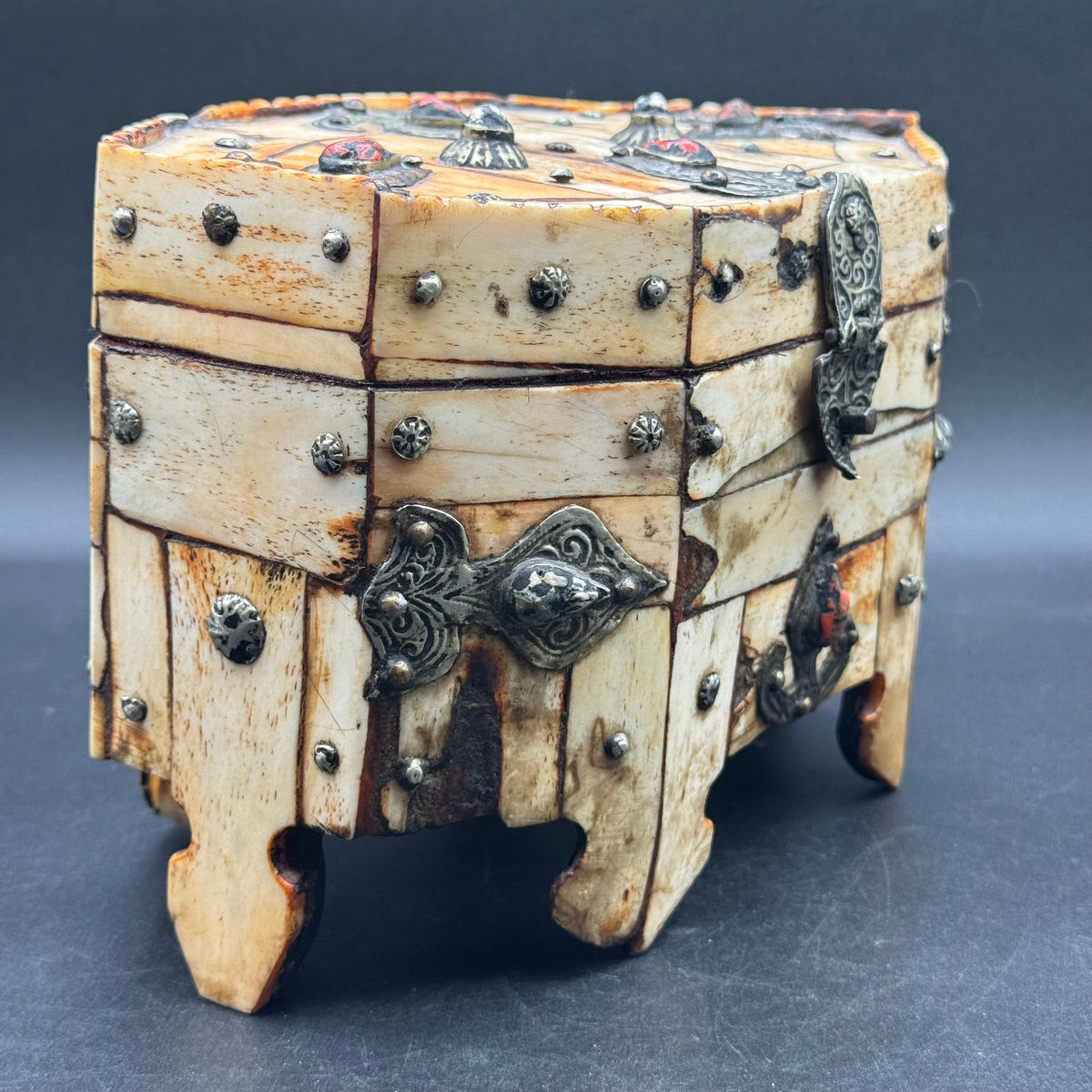 Antique Carved Bone, Metal & Set w/Natural Stones Lidded Box