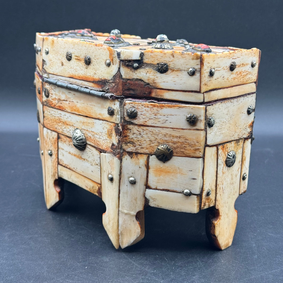 Antique Carved Bone, Metal & Set w/Natural Stones Lidded Box