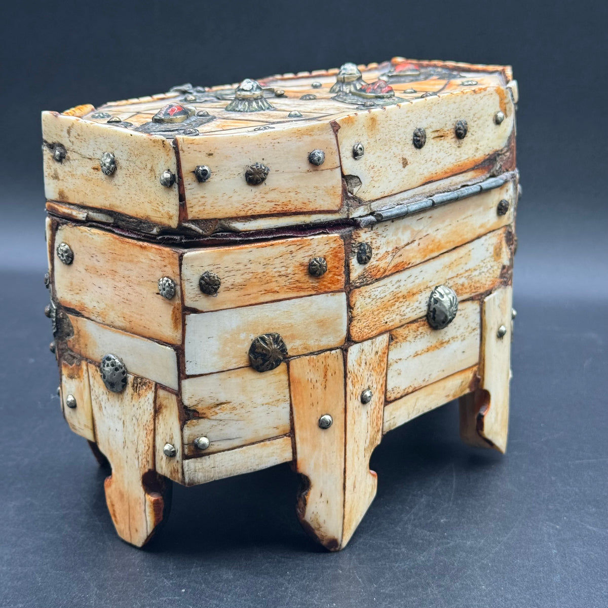 Antique Carved Bone, Metal & Set w/Natural Stones Lidded Box