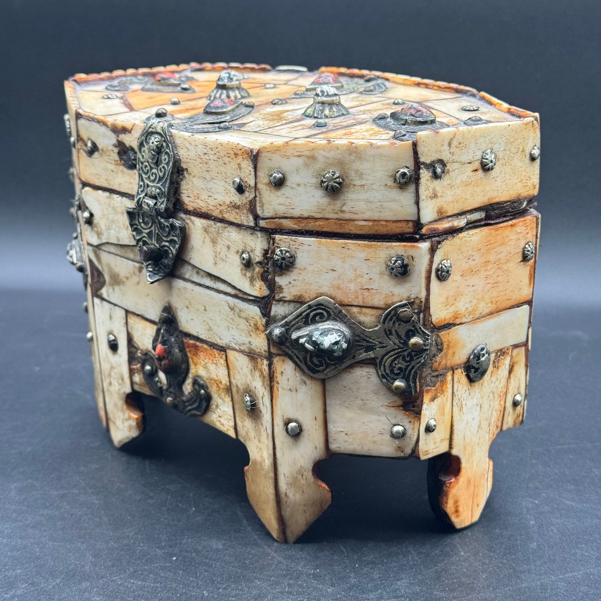 Antique Carved Bone, Metal & Set w/Natural Stones Lidded Box