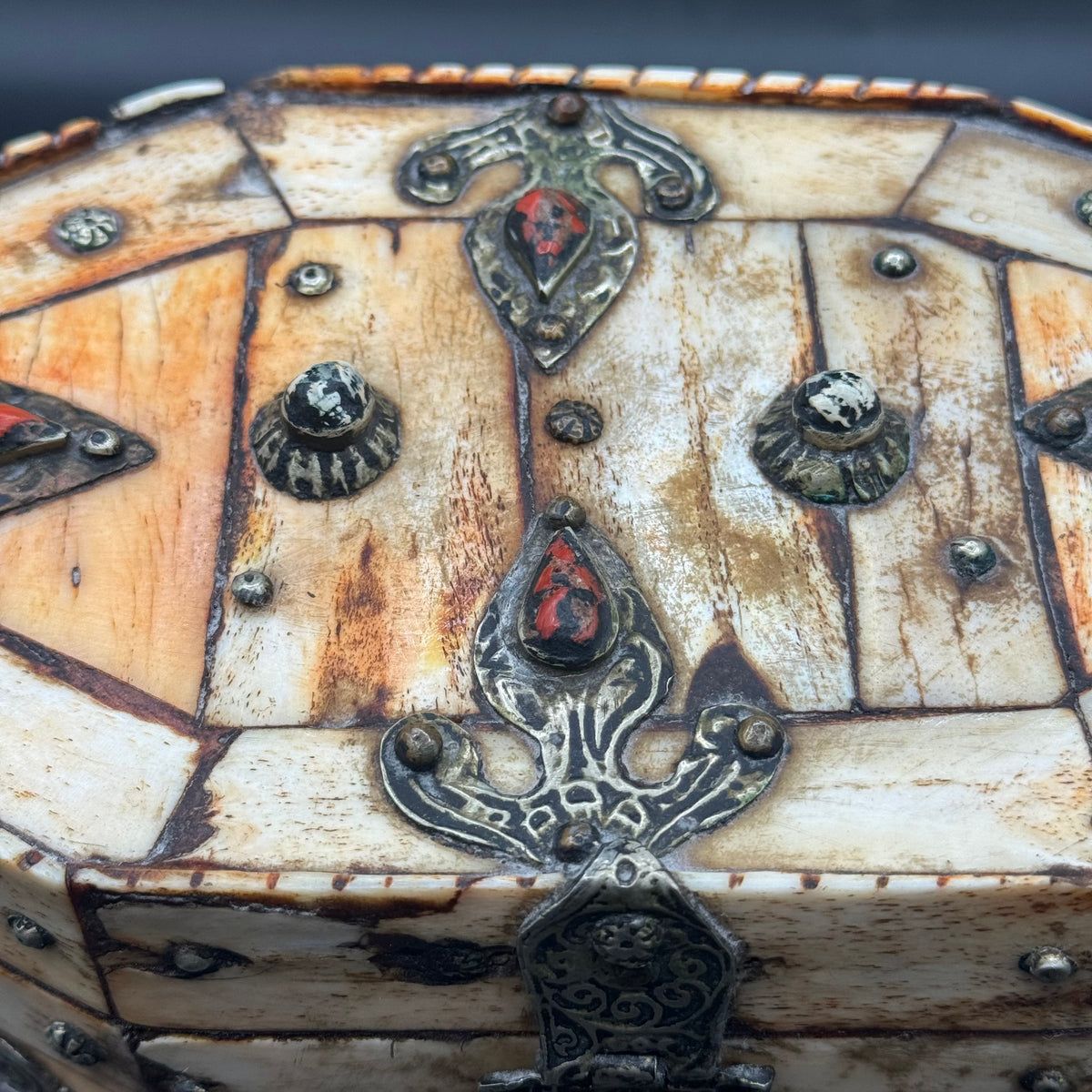 Antique Carved Bone, Metal & Set w/Natural Stones Lidded Box