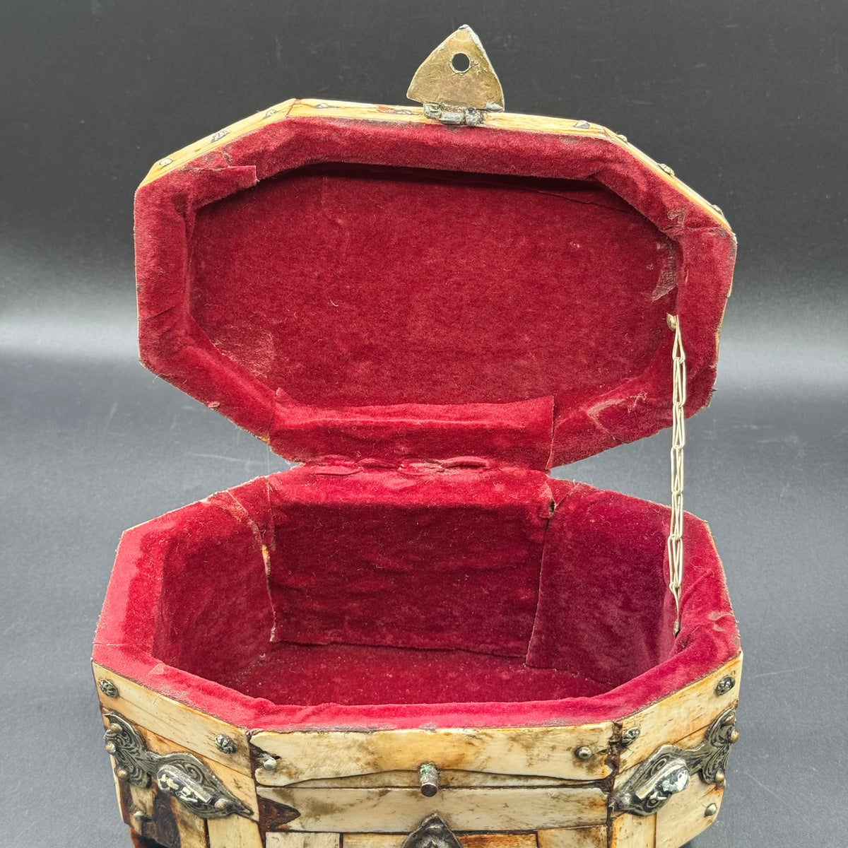 Antique Carved Bone, Metal & Set w/Natural Stones Lidded Box