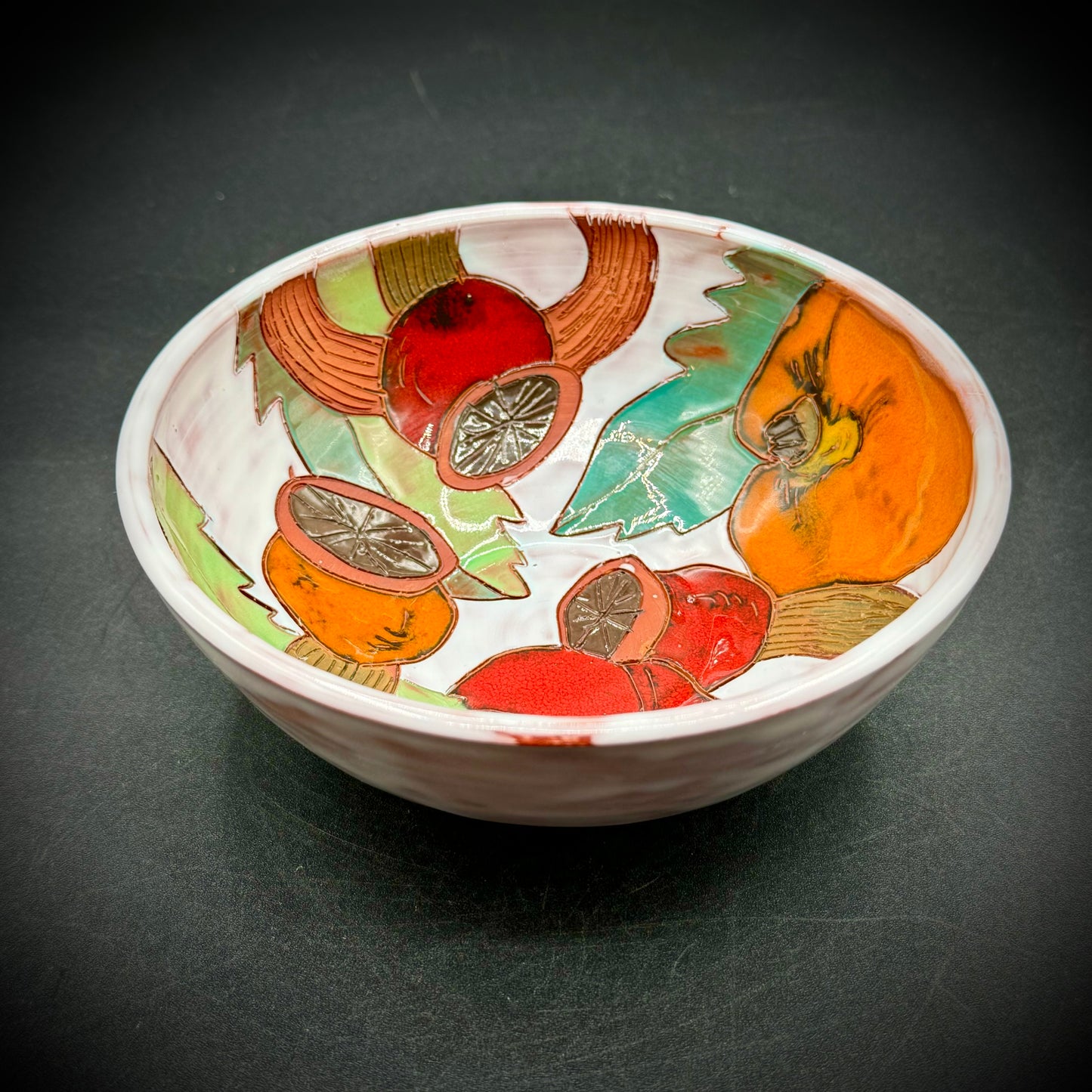 Artist Signed Etched Glazed Fruit & Flower Bowl