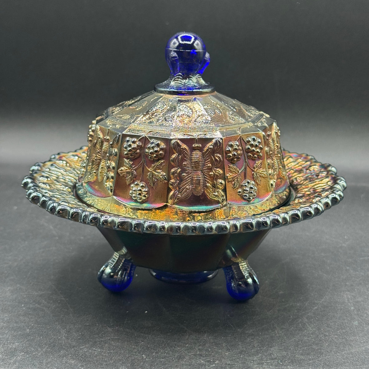 Antique Fenton Butterfly and Berry Carnival Glass Lidded Bowl