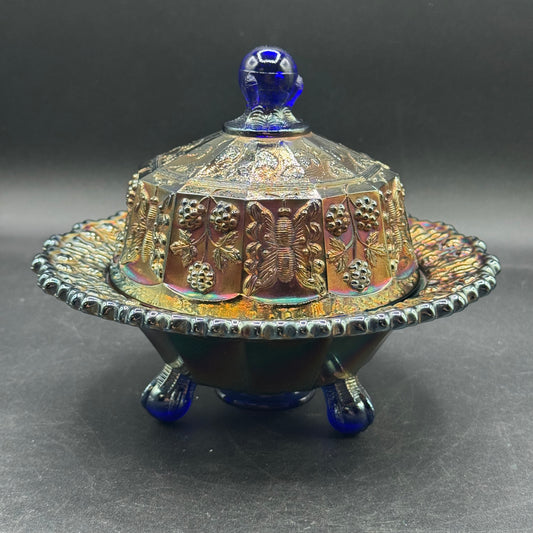 Antique Fenton Butterfly and Berry Carnival Glass Lidded Bowl