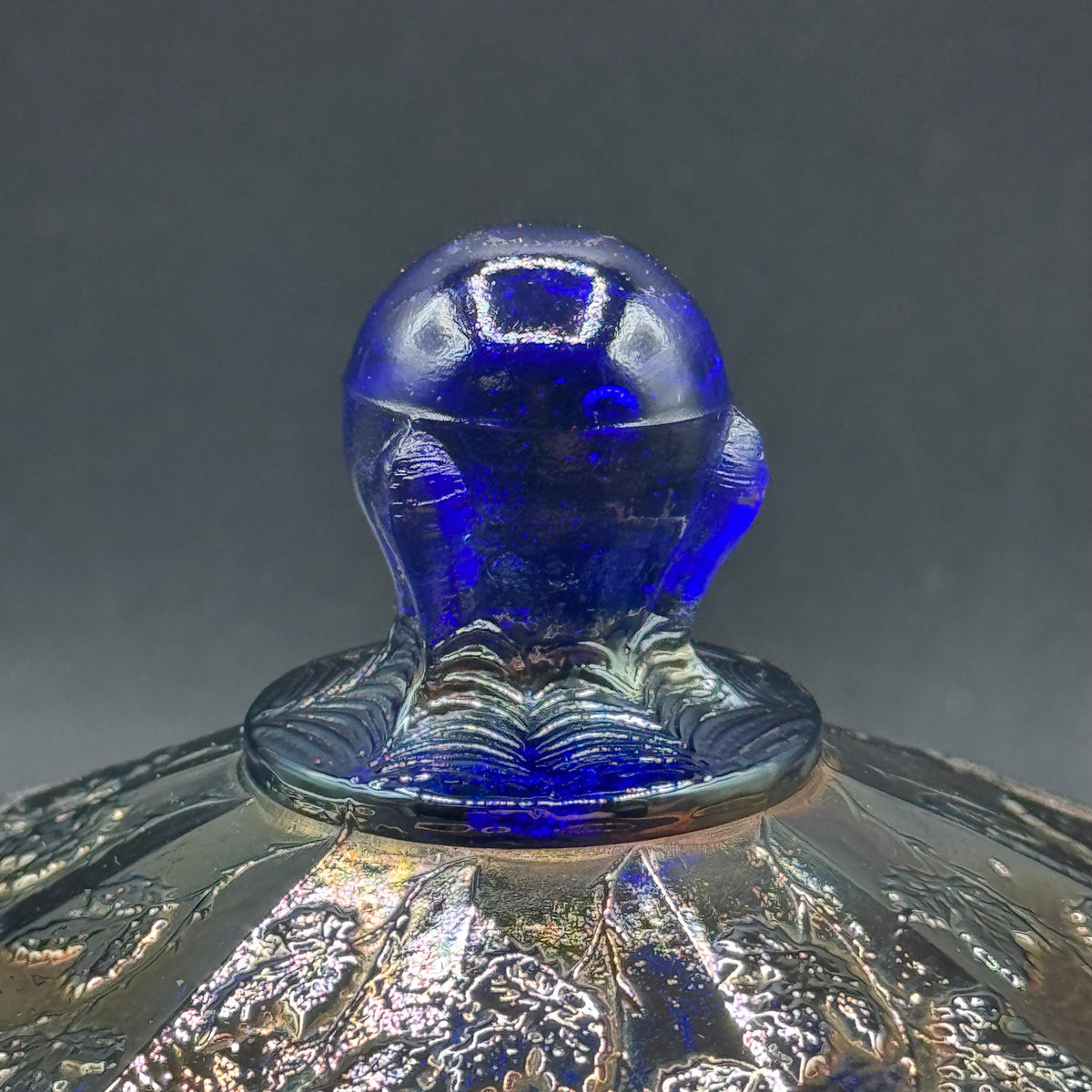 Antique Fenton Butterfly and Berry Carnival Glass Lidded Bowl