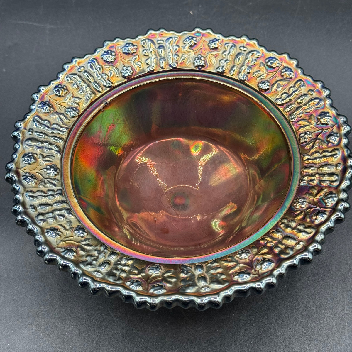 Antique Fenton Butterfly and Berry Carnival Glass Lidded Bowl