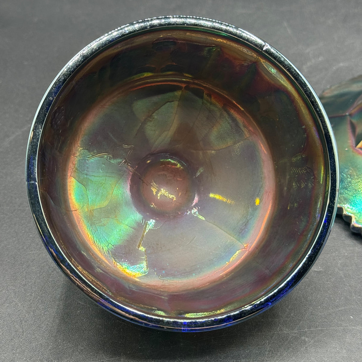 Antique Fenton Butterfly and Berry Carnival Glass Lidded Bowl