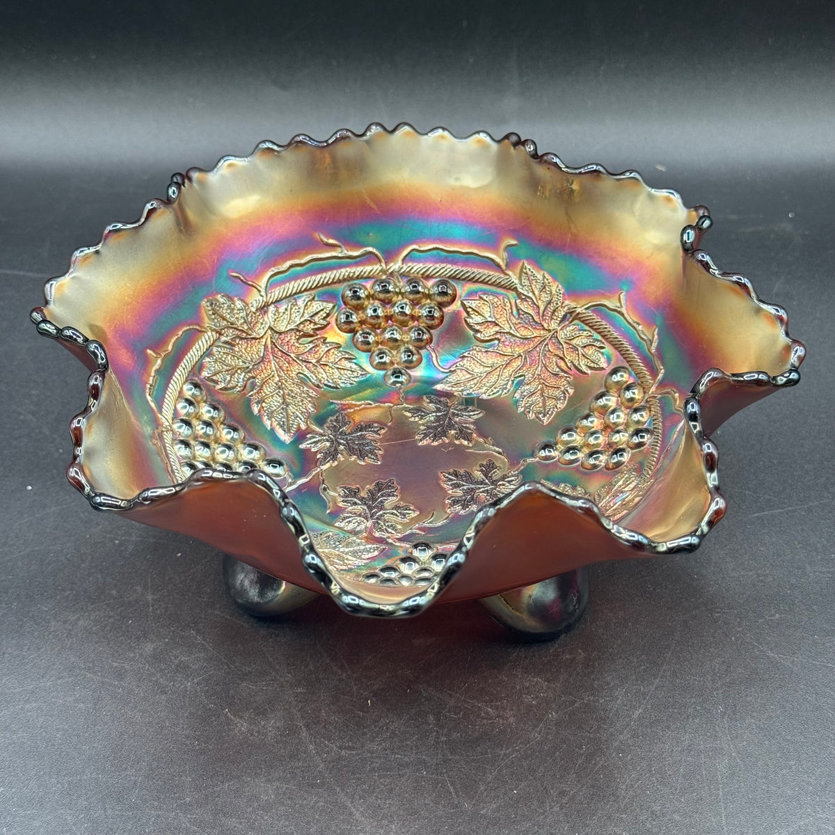 Vintage Fenton Carnival Glass Grape & Cable Footed Ruffled Bowl