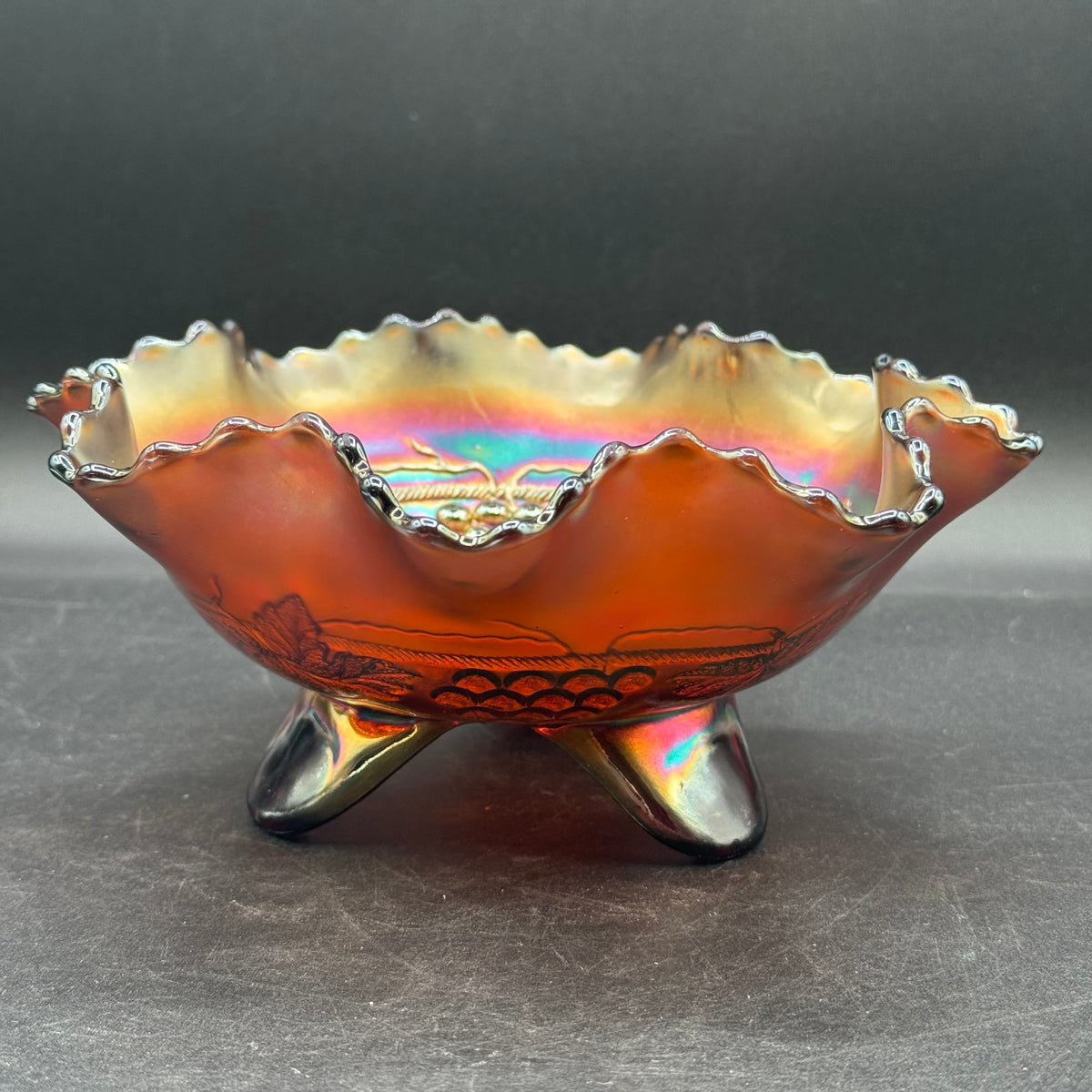 Vintage Fenton Carnival Glass Grape & Cable Footed Ruffled Bowl