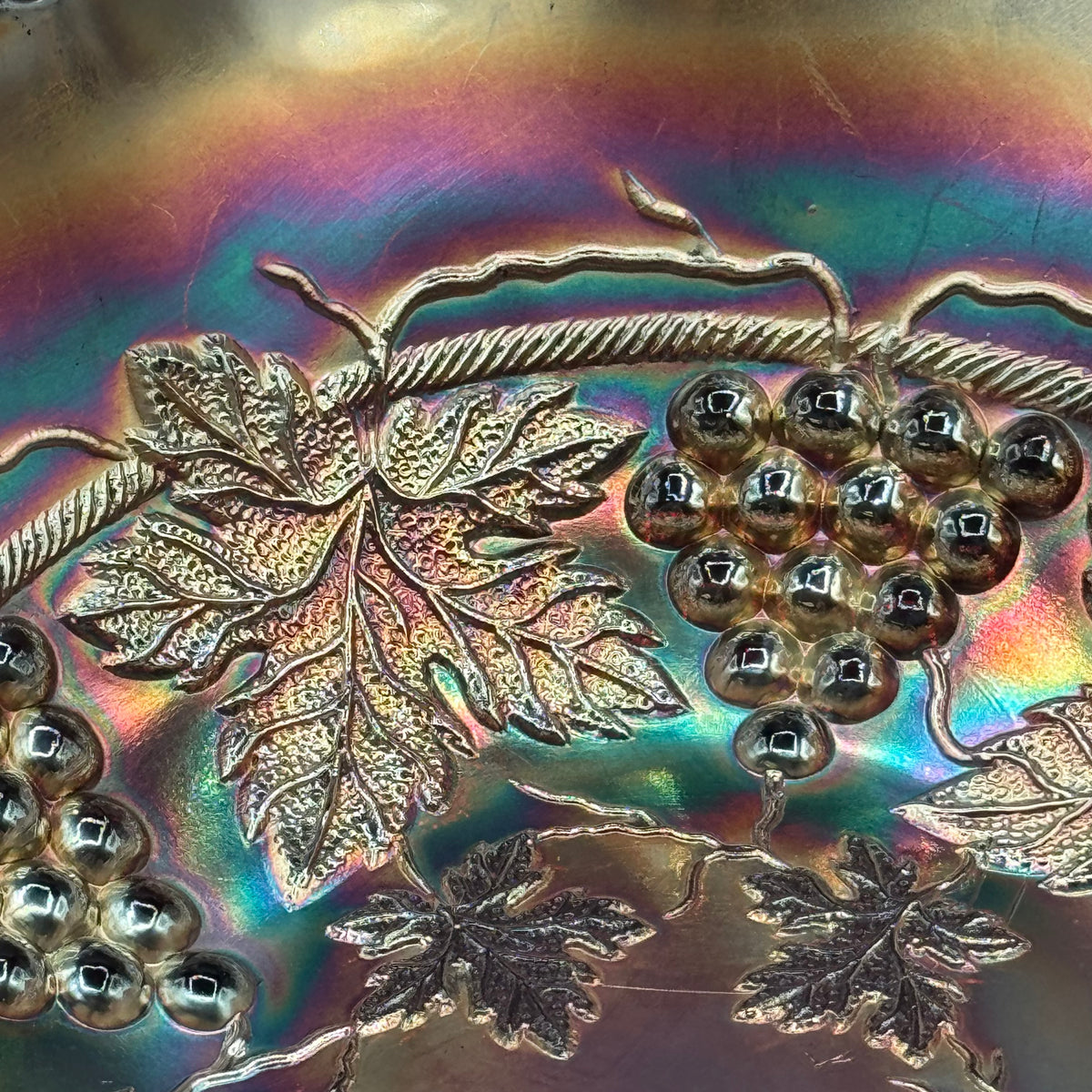 Vintage Fenton Carnival Glass Grape & Cable Footed Ruffled Bowl