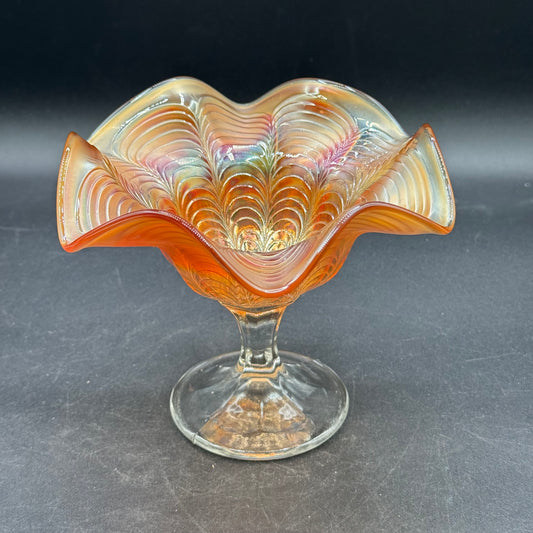 Vintage Fenton Peacock Tail Carnival Glass Ruffled Compote