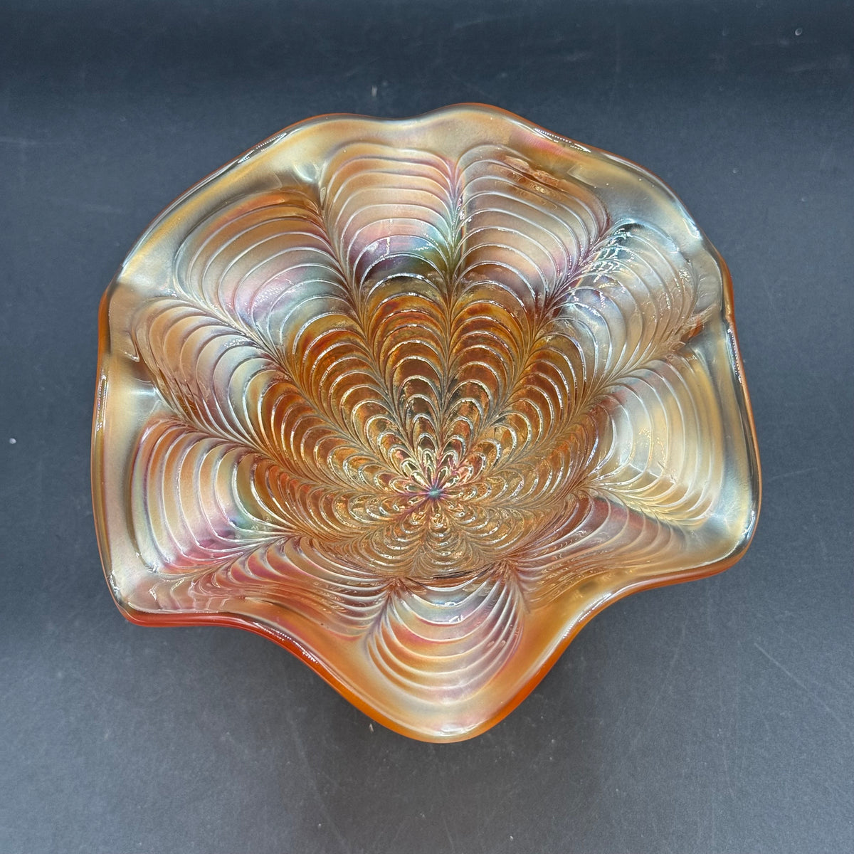 Vintage Fenton Peacock Tail Carnival Glass Ruffled Compote