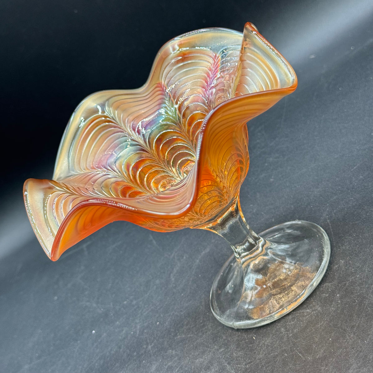 Vintage Fenton Peacock Tail Carnival Glass Ruffled Compote