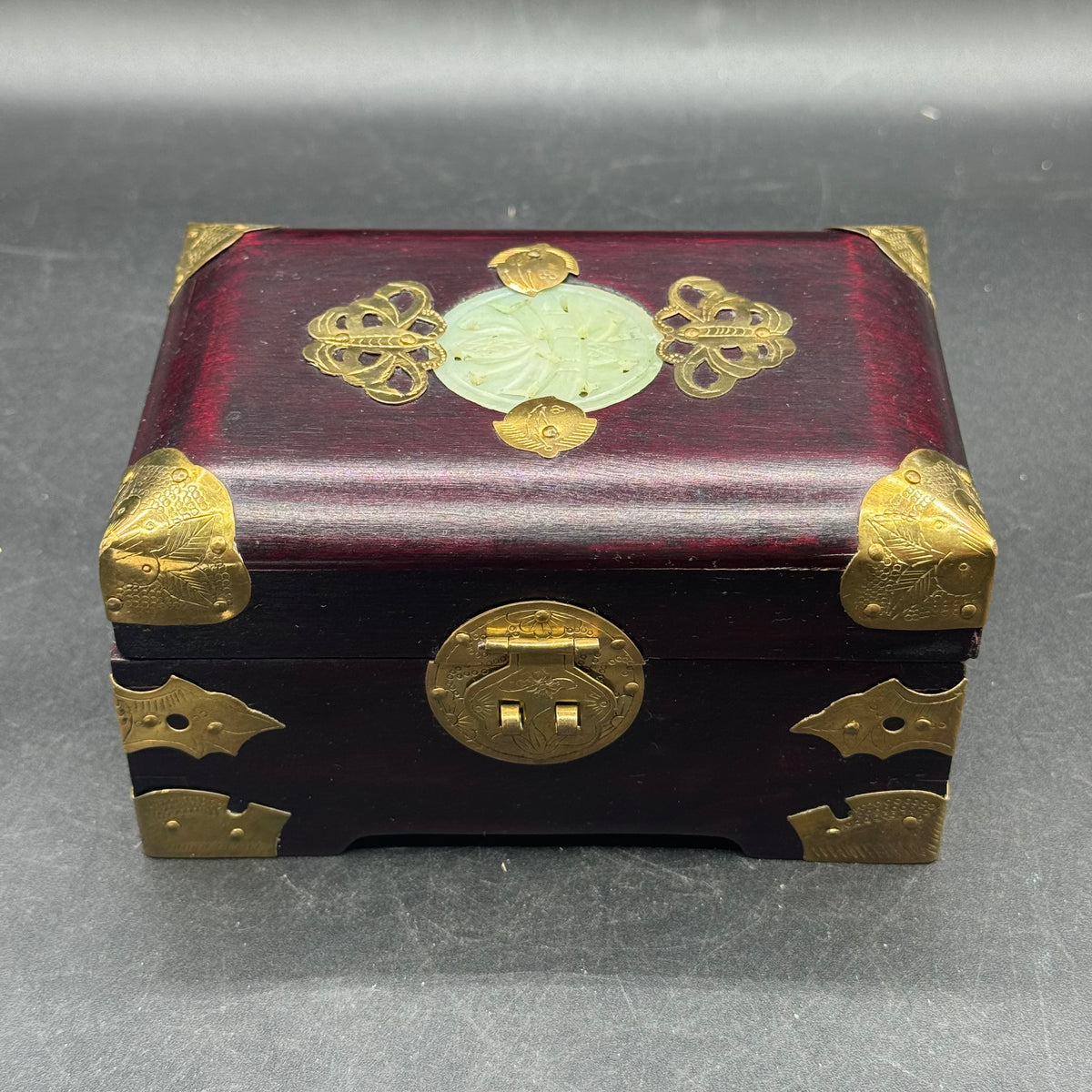 Vintage Ornate Chinese Jewelry Box with Carved Jade Medallion & Brass Accents