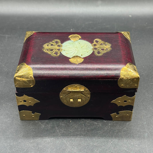 Vintage Ornate Chinese Jewelry Box with Carved Jade Medallion & Brass Accents
