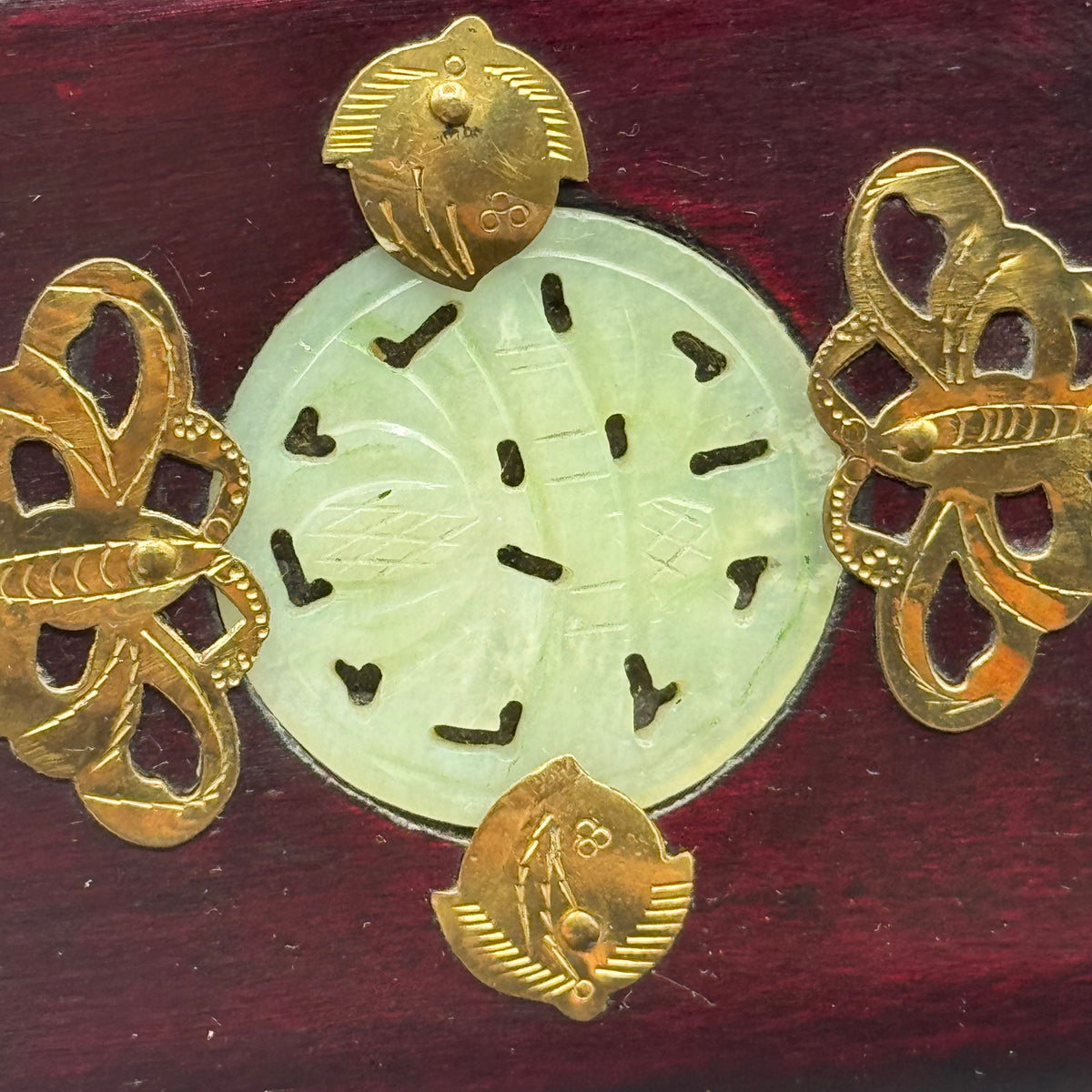 Vintage Ornate Chinese Jewelry Box with Carved Jade Medallion & Brass Accents