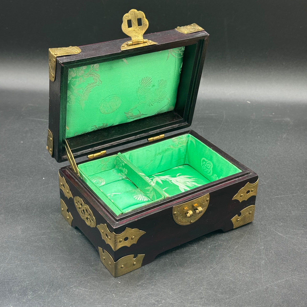 Vintage Ornate Chinese Jewelry Box with Carved Jade Medallion & Brass Accents