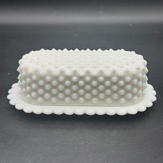 Vintage Fenton Hobnail Milk Glass Lidded Butter Dish