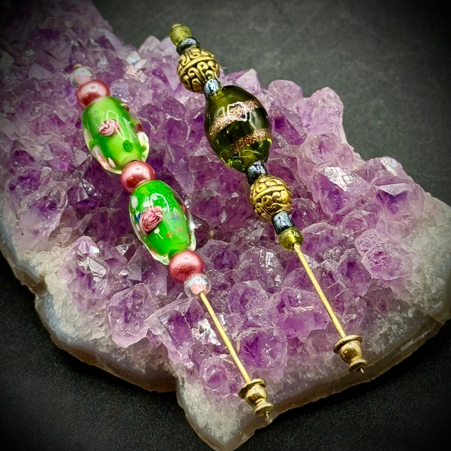 Pair of Gorgeous Murano Bead Stick Pins