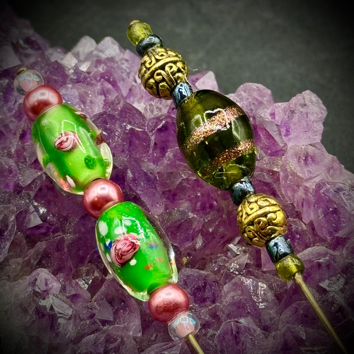 Pair of Gorgeous Murano Bead Stick Pins