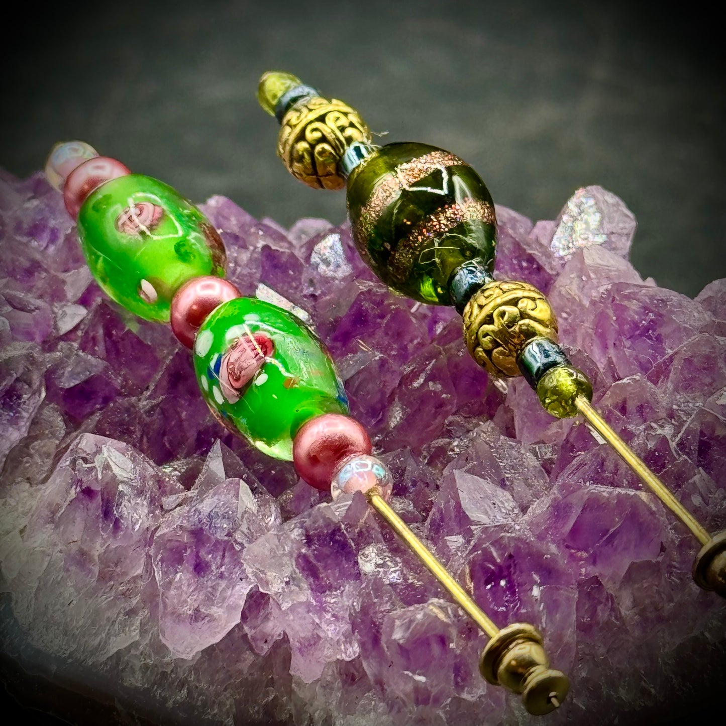 Pair of Gorgeous Murano Bead Stick Pins