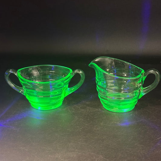 1930s Art Deco Uranium Glass Sugar and Creamer