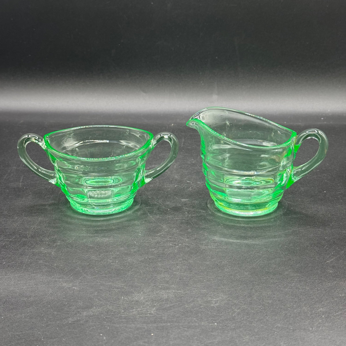1930s Art Deco Uranium Glass Sugar and Creamer