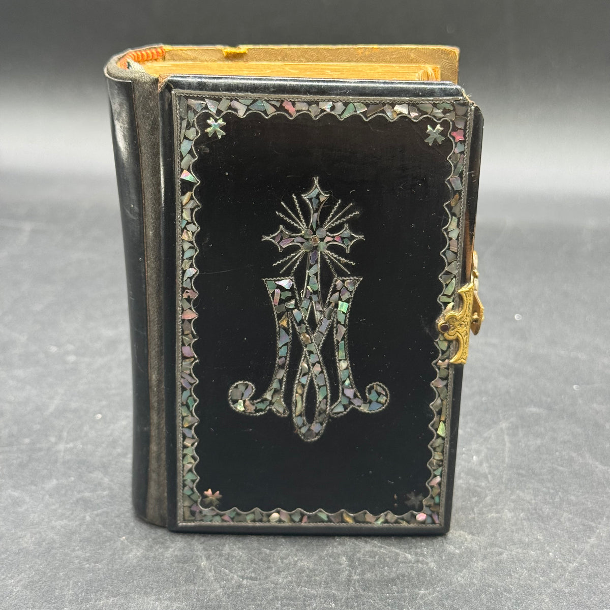 Antique 1882 Portuguese Bible with Gold Trim, Brass, Celluloid & Inlaid Abalone