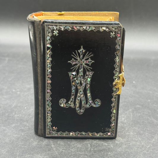 Antique 1882 Portuguese Bible with Gold Trim, Brass, Celluloid & Inlaid Abalone