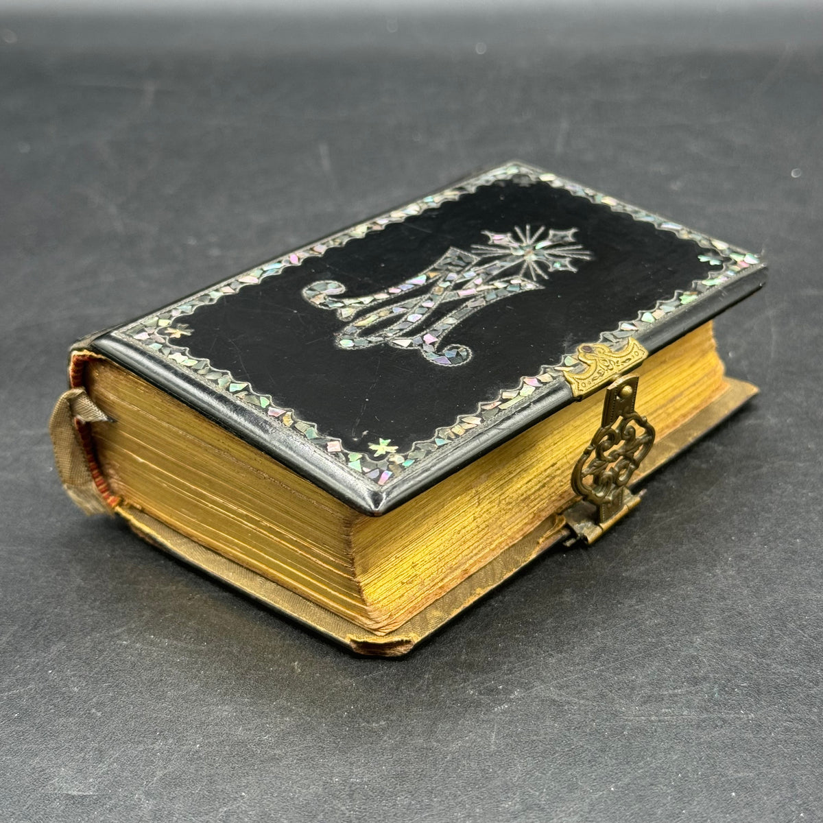 Antique 1882 Portuguese Bible with Gold Trim, Brass, Celluloid & Inlaid Abalone